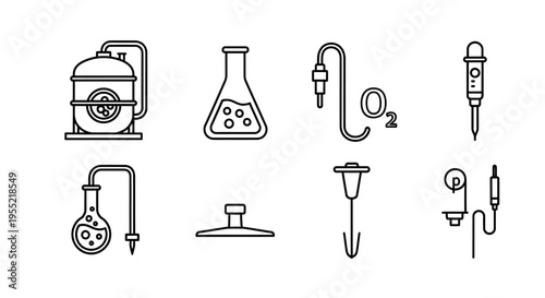 Collection of laboratory science equipment icons including beakers, flasks and tubes for educational use.