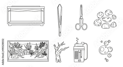 Collection of line art icons featuring plants, tools, and decorative vessels in a monochrome style.