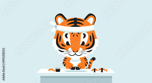 Playful Cartoon Tiger Studying at a Desk with Laptop and Books.