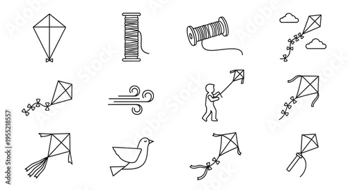 Collection of simple line drawings featuring kites, sails, birds and outdoor toys in a playful sketch style.
