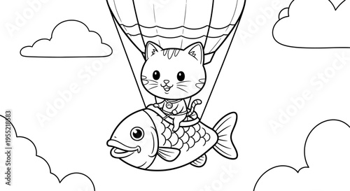 Playful cartoon cat riding a fish-shaped balloon among fluffy clouds.
