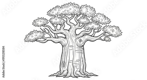 Detailed black and white illustration of a majestic ancient tree with sprawling branches.