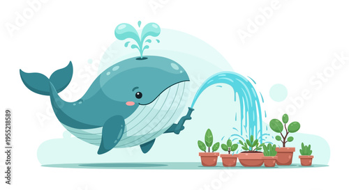 Whale Watering Plants: Whimsical Ocean Life Cartoon Illustration Caring for a Garden.