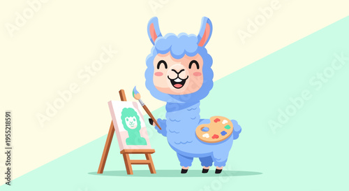 Charming Blue Llama Artist Painting a Portrait on an Easel with Palette in Whimsical Studio.