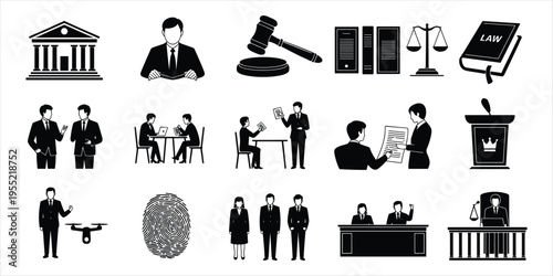 Assortment of Black and White Icons Related to Law and Legal Services Keywords: law, legal, justice, court, courtroom, judge