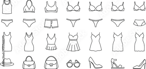 Women clothing and accessory line icons set for fashion and design concepts isolated on transparent background