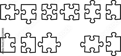 Variety of jigsaw puzzle pieces arranged in different formations, ready for assembly, outline design