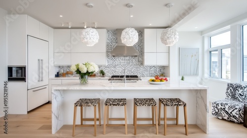 Modern Bright Kitchen with White Cabinets, Stylish Pendant Lights, Marble Island, Geometric Backsplash, and Cozy Seating Area