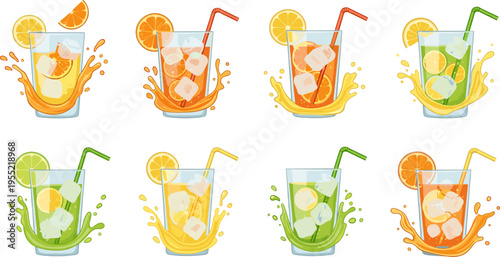 Fresh Citrus Juice Glass Set with Orange Lemon Lime Slices Ice Cubes and Splash Effects Vector Illustration for Summer Drinks Menu and Beverage Design