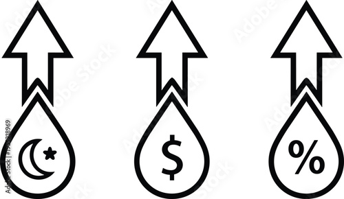 Financial growth and economic increase icons with upward arrows and dollar percent crescent moon symbols