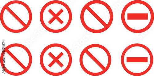 Red warning and forbidden signs set with cross minus and slash symbols inside circular frame for prohibition