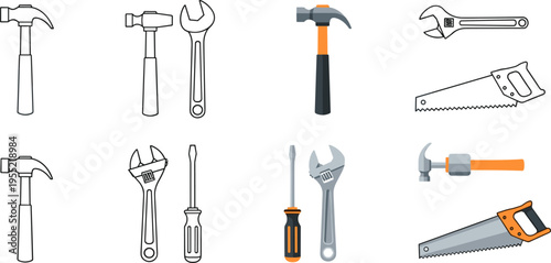 Hand Tools Icon Set Featuring Hammer Wrench Screwdriver and Saw Vector Collection for Construction Repair Maintenance and DIY Equipment Design Projects