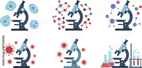 Microscope Science Icon Set Vector Illustration with Biology Cells Molecules Virus and Laboratory Equipment for Medical Research, Chemistry Education, and Healthcare Design Concepts