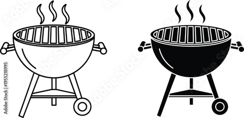 Barbecue grill outline icon and barbecue grill solid icon set design, web site and mobile app symbol