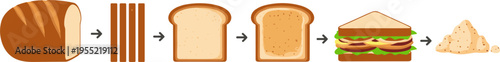 Bread Processing to Sandwich Production Illustration Showing Loaf Slicing Toasting and Final Meal Preparation Steps Vector Design for Food Industry and Cooking Concepts