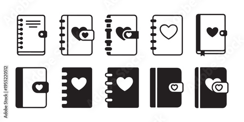 Minimalist black and white notebook and diary icons with heart designs, symbolizing love, journaling, and personal reflection.