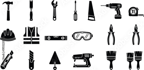 Black silhouette construction tools and safety gear collection including hammer, drill, pliers, helmet, vest, screwdriver, saw, level, cutter and brushes isolated on white background