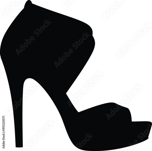Elegant black stiletto heel sandal silhouette isolated on transparent background for fashion design and footwear concepts.
