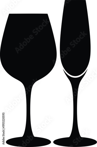 Pair of black wine glasses silhouette, wine tasting and celebration drinks, isolated on transparent background for events.
