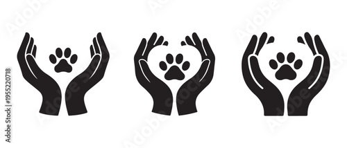 Raised hands with black paw prints vector illustration flat design.