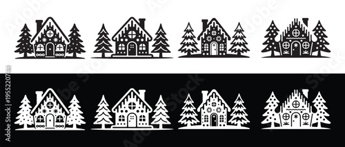 Collection of Christmas Gingerbread Houses and Pine Trees, Flat Design Vector Illustration.