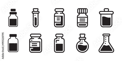 Set of laboratory glassware and chemical containers flat design vector illustration.