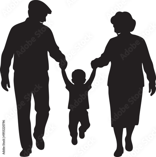 Silhouette of loving grandparents walking hand-in-hand with their cheerful grandchild, embodying generational connection and family joy