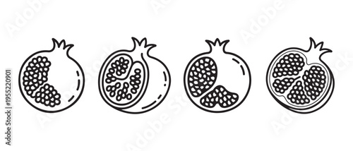 Set of outline pomegranates, whole and halved, showing seeds, flat design vector illustration.