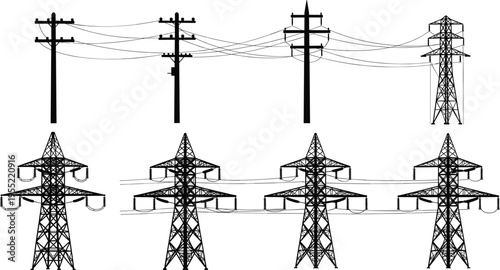 Collection of High Voltage Electric Power Transmission Tower Silhouettes and Utility Poles with Electrical Wires for Industrial Energy Grid Infrastructure and Power Distribution Graphics