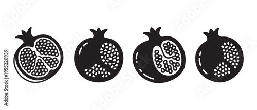 Set of black pomegranate icons, whole and halved, flat design vector illustration.