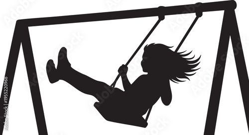 Silhouette of a joyful child actively swinging on a playground set, embodying freedom and happy childhood memories