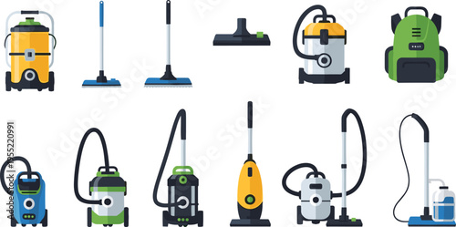 Collection of Professional Industrial Vacuum Cleaners and Domestic Cleaning Equipment Icons Set for Housekeeping Services Sanitation Maintenance and Commercial Floor Care Vector Illustration Graphics