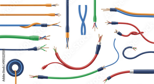 Diverse Set of Multicolored Electrical Copper Wires and Stripped Power Cables with Twisted Ends for Industrial Wiring Maintenance Repair Connection and Electrical Engineering Project Illustration
