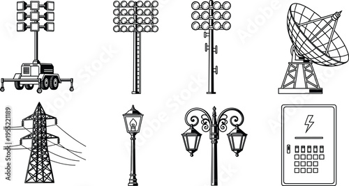 Electrical and lighting infrastructure icon set featuring floodlights, power transmission towers, street lamps, satellite dish and control panel for urban energy and communication systems