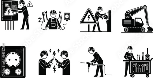 Electrical safety icons set featuring electricians, tools, warning signs, power sockets, maintenance work, construction equipment and repair concepts in modern flat vector style