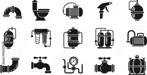 Industrial plumbing and filtration system icons set with pipes, valves, compressors and tanks in black silhouette, water treatment and mechanical equipment vector illustration