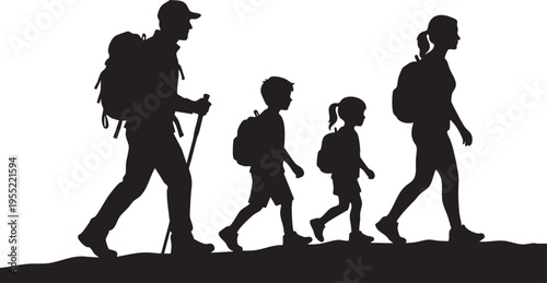 Silhouettes of a Happy Family Exploring the Outdoors Together on a Hiking Trail