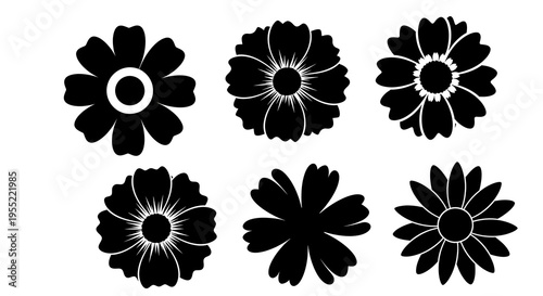 Collection of six distinct black silhouette flower icons featuring varied petal shapes and detailed centers perfect for graphic design elements and natural themed projects.