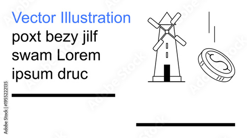 Renewable energy, eco-friendliness, monetary savings, economic growth, environmental impact, financial planning. A windmill and coin are . Renewable energy and eco-friendliness concept