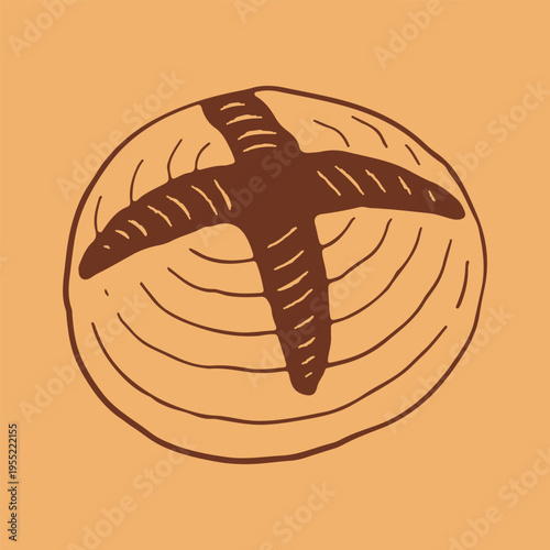 Vector illustration of a round sourdough loaf with a characteristic cross cut on top. Hand drawn brown line art icon of rustic artisan bread for bakery branding and organic food design