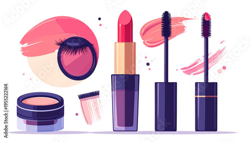 Elegant Cosmetic Makeup Tools Lipstick Eyeliner Mascara Vector Illustration Set