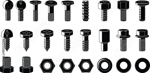 Set of bolts, screws, nuts and washers in black silhouette, industrial fasteners collection for construction, mechanical engineering and hardware equipment vector illustration isolated