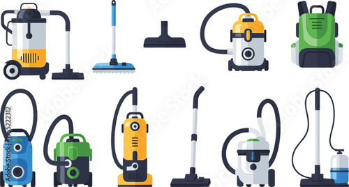 Set of Professional Industrial Vacuum Cleaners and Household Cleaning Equipment Icons for Janitorial Services Sanitary Maintenance Commercial Floor Care and Housekeeping Vector Illustration Graphics