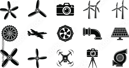 Set of technology and energy icons including propellers, wind turbines, camera, drone, solar panel and turbine systems in black silhouette isolated illustration