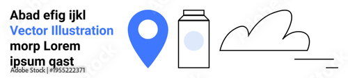 Navigation, weather forecasting, dairy products, minimalism, abstract art, symbolic design. Blue location pin, milk carton and cloud with line accents. Navigation and weather
