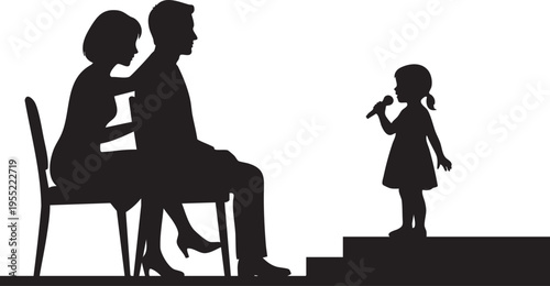 Silhouette of a young girl performing on stage for her supportive parents, embodying family pride and childhood aspirations