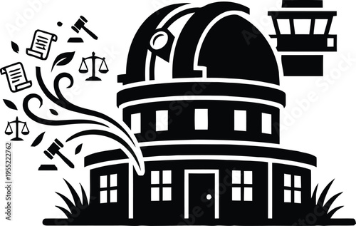 Symbolic blend of astronomy and judicial elements in a dome building illustration