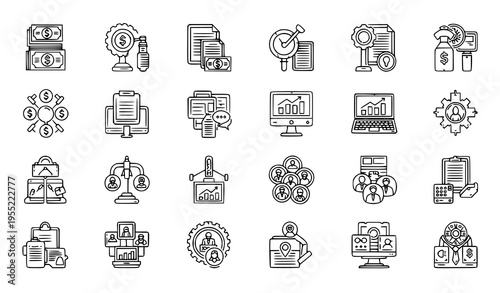 A collection of business and finance icons in a flat line art style