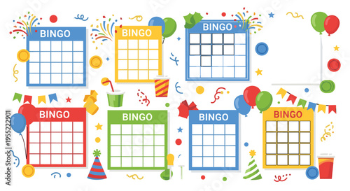 Festive bingo cards collection with colorful party decorations, balloons, confetti, hats and streamers fun celebration game vector illustration set