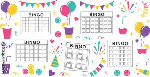 Colorful bingo party collection with cards, balloons, confetti, flags and celebration elements festive game night vector illustration isolated set